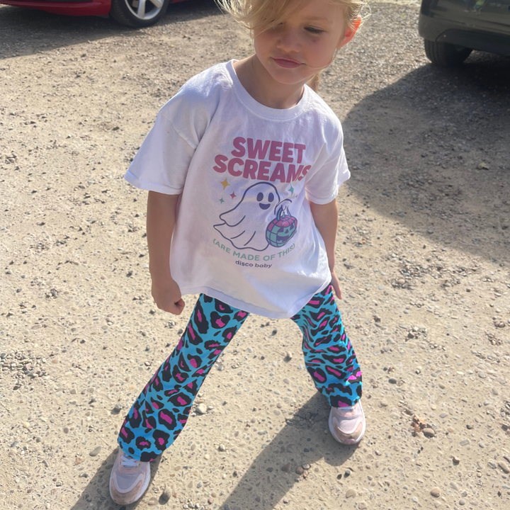 Kids Disco Baby Neon Leopard Flares in Blue / Pink