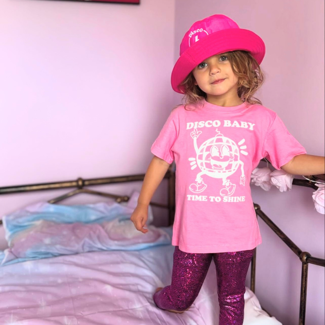 Children's Retro DISCO BABY Disco Ball Printed Pink T-Shirt / Tee