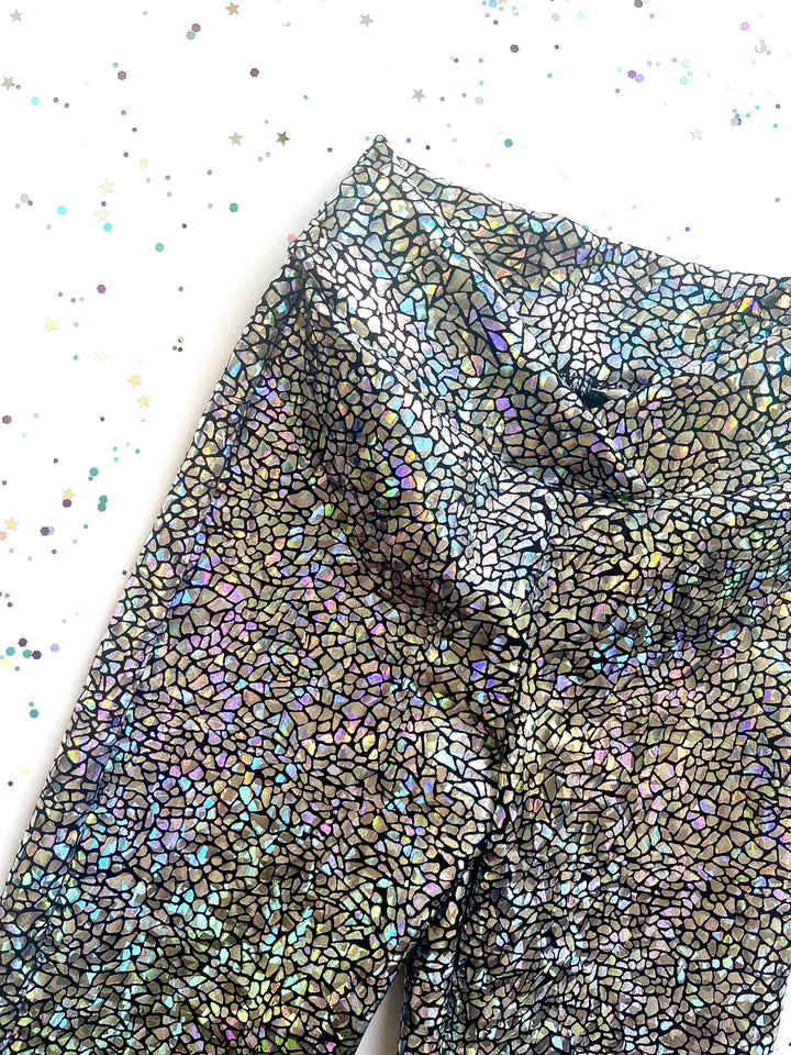 Holographic Sparkly Silver Disco Flares / Leggings / Jazz Pants / Dancewear / Festivalwear / Partywear / Childrenswear / Bellbottoms