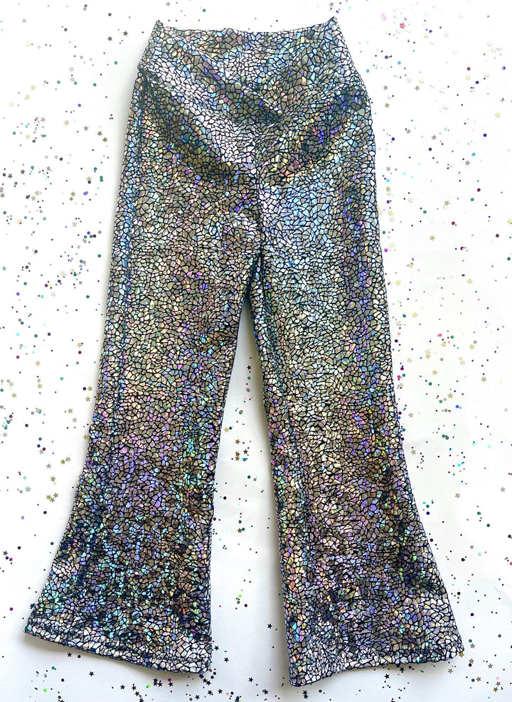 Holographic Sparkly Silver Disco Flares / Leggings / Jazz Pants / Dancewear / Festivalwear / Partywear / Childrenswear / Bellbottoms
