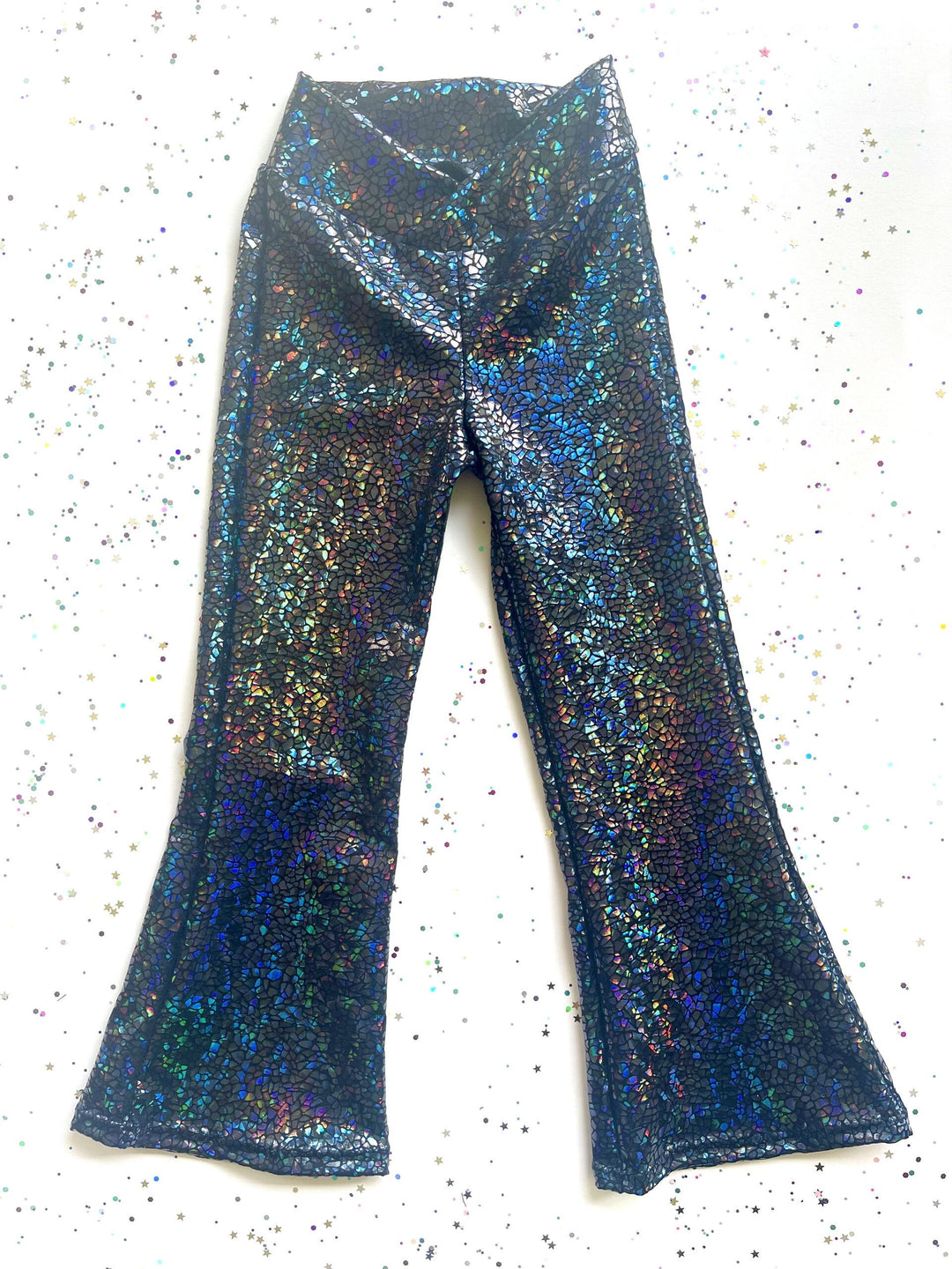 Holographic Sparkly Black Disco Flares / Leggings / Jazz Pants / Dancewear / Festivalwear / Partywear / Childrenswear / Bellbottoms