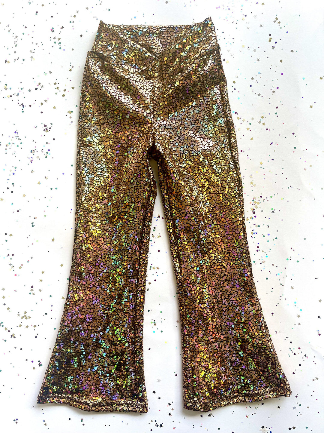 Holographic Sparkly Gold Disco Flares / Leggings / Jazz Pants / Dancewear / Festivalwear / Partywear / Childrenswear / Bellbottoms