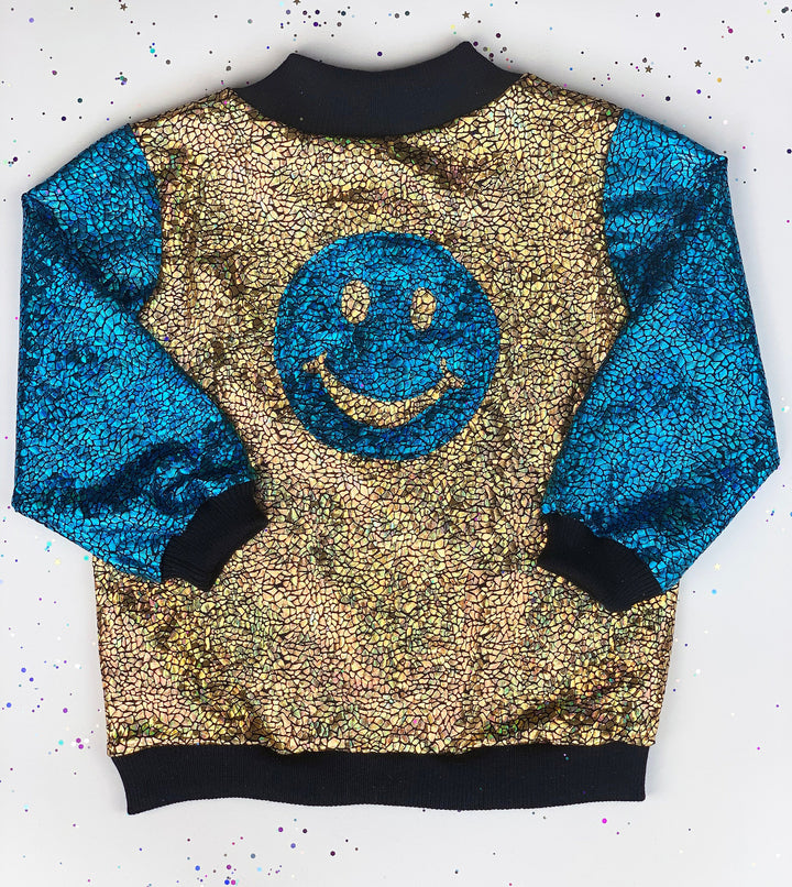 Kids Holographic Gold / Turquoise Smiley Face Bomber Jacket