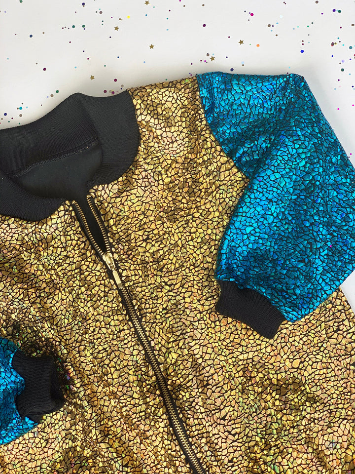 Kids Holographic Gold / Turquoise Smiley Face Bomber Jacket