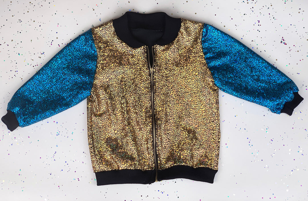 Kids Holographic Gold / Turquoise Smiley Face Bomber Jacket