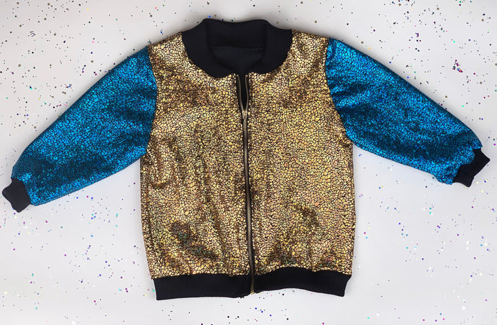 Kids Holographic Gold / Turquoise Smiley Face Bomber Jacket