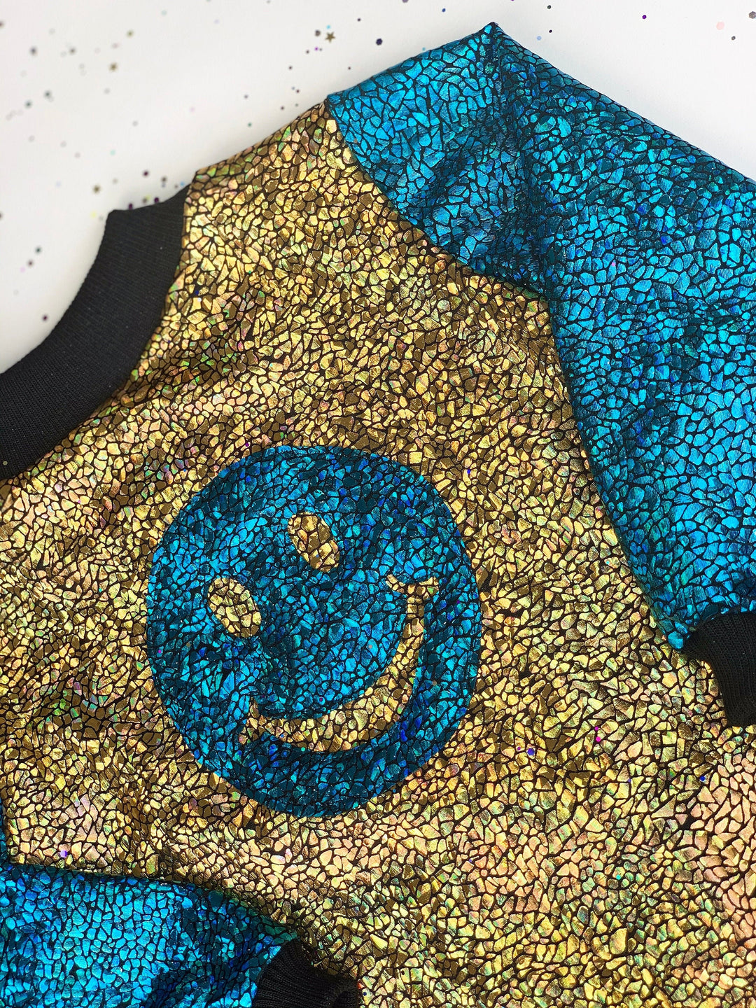 Kids Holographic Gold / Turquoise Smiley Face Bomber Jacket