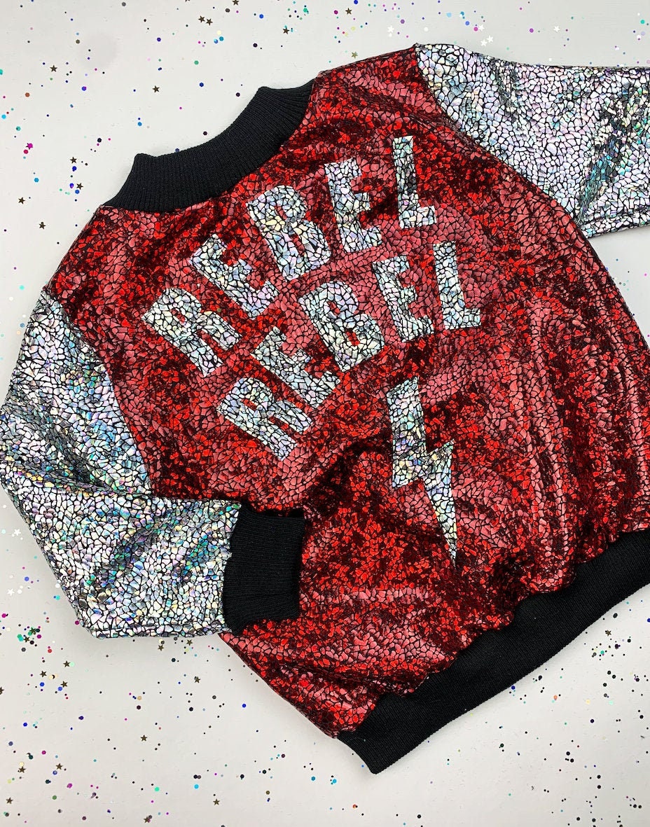 Kids Holographic Red / Silver "REBEL REBEL" Bomber Jacket with Lightning Bolt