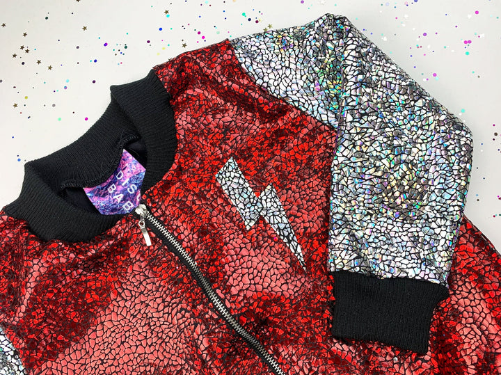 Kids Holographic Red / Silver "REBEL REBEL" Bomber Jacket with Lightning Bolt