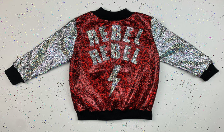 Kids Holographic Red / Silver "REBEL REBEL" Bomber Jacket with Lightning Bolt