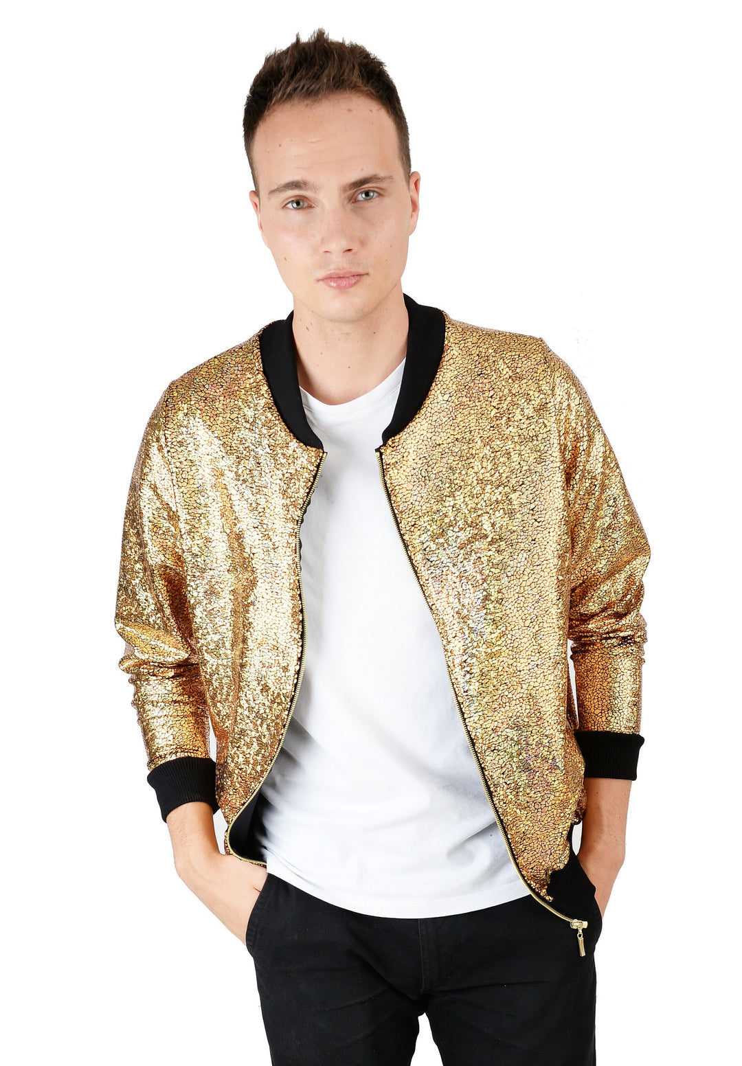Men's Gold Holographic Disco Bomber Jacket