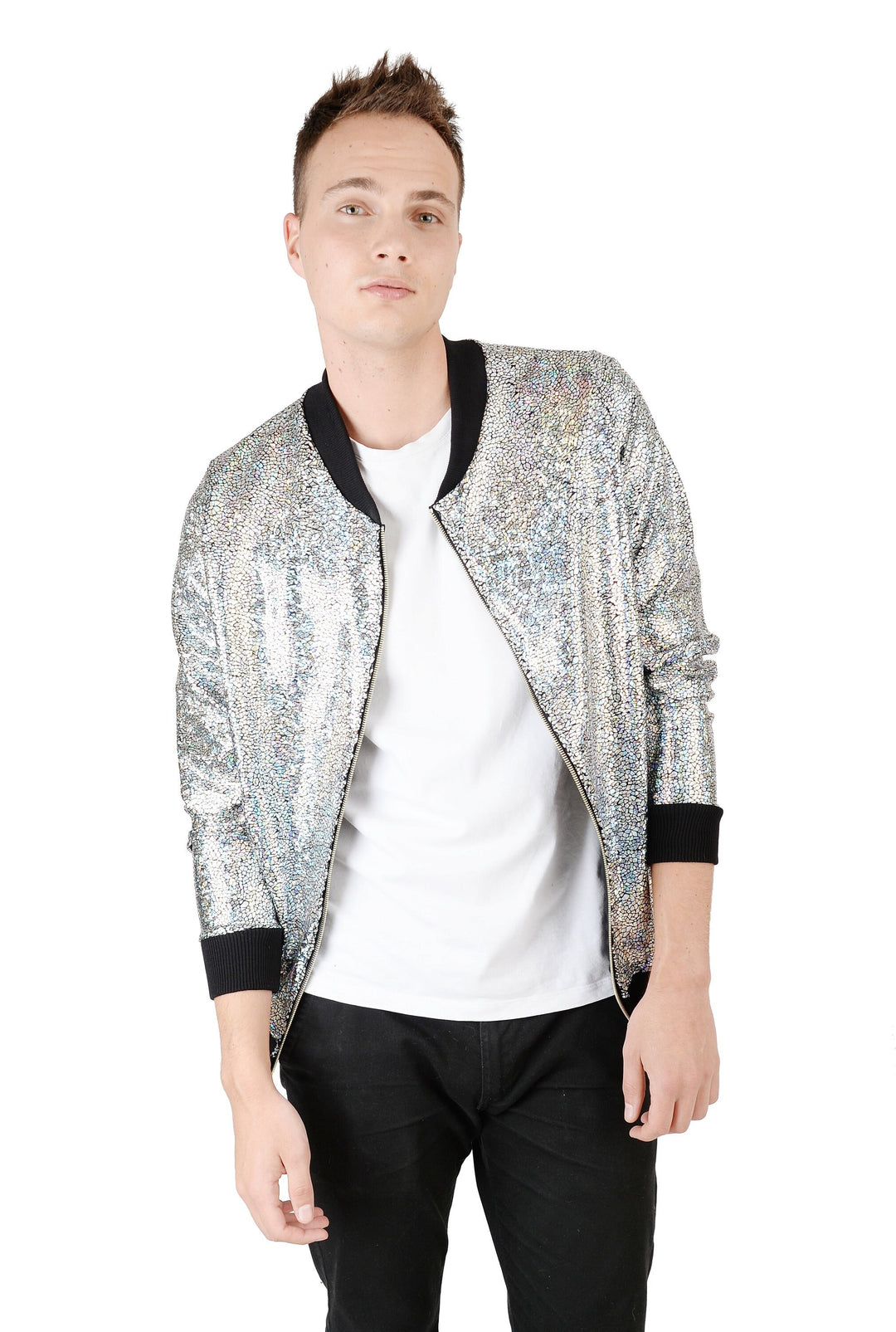 Men's Silver Holographic Disco Bomber Jacket