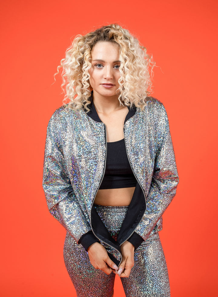 Women's Silver Holographic Disco Bomber Jacket