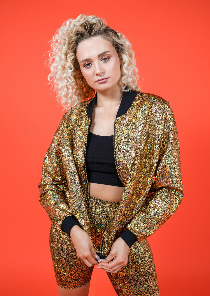 Women's Gold Holographic Disco Bomber Jacket