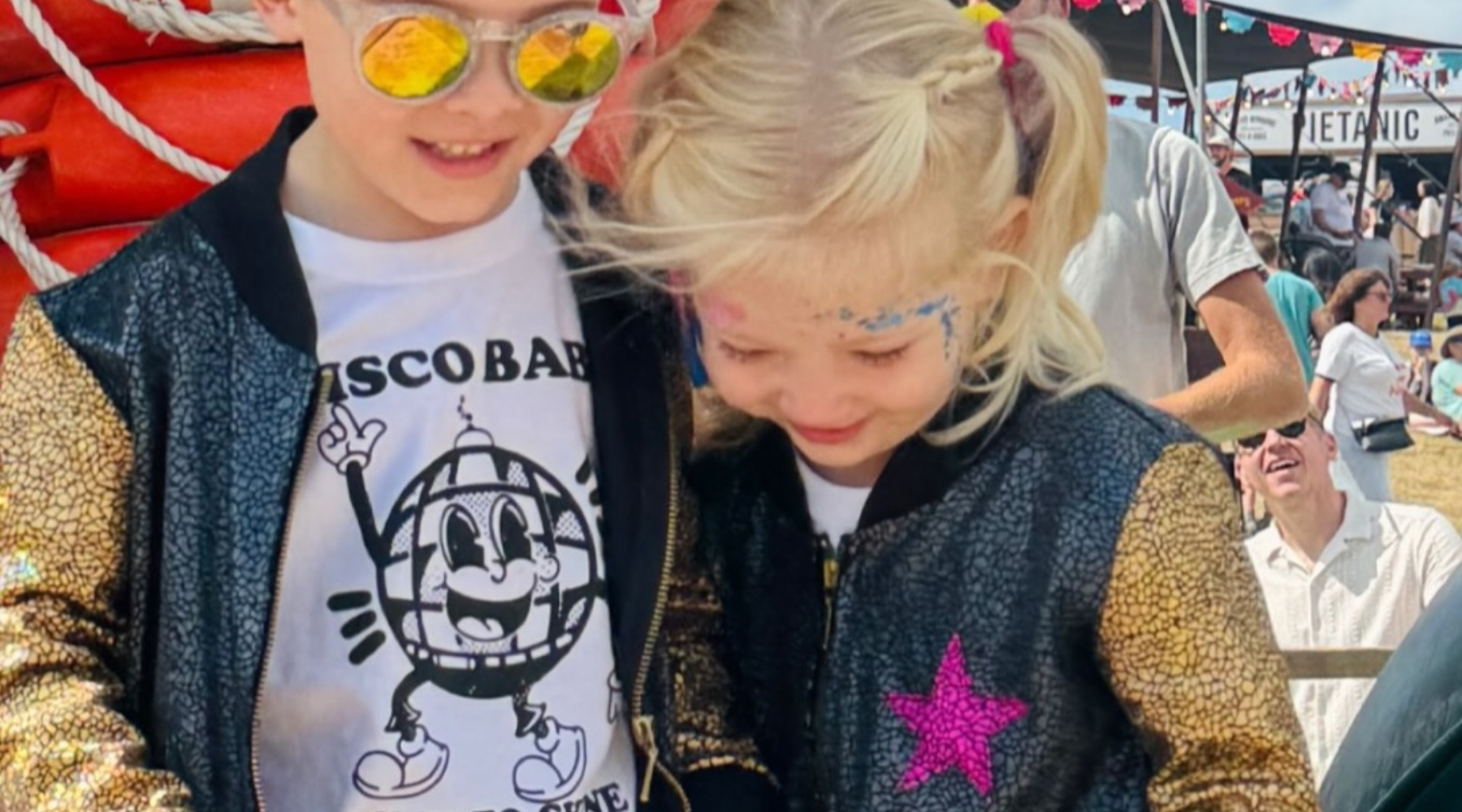 Kids festival outfits with Disco Baby t-shirts and sparkly jackets