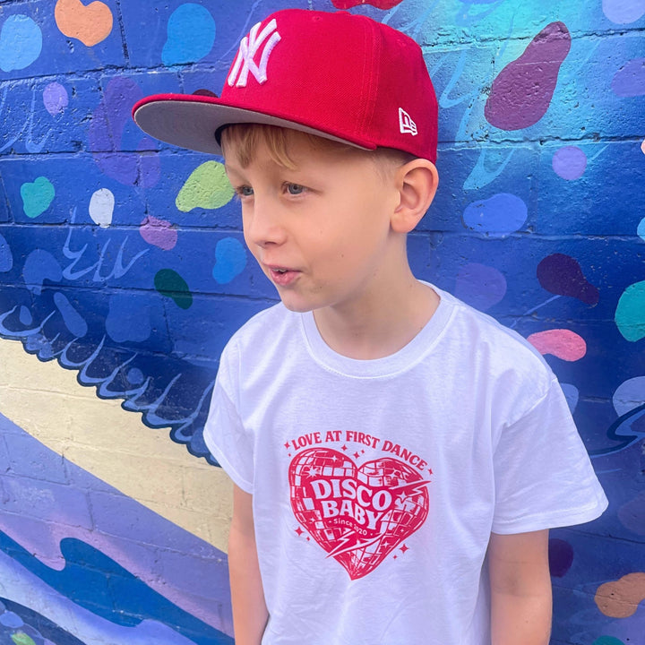 Love At First Dance Kids Disco T-Shirt – Retro Disco Baby Heart Graphic Tee