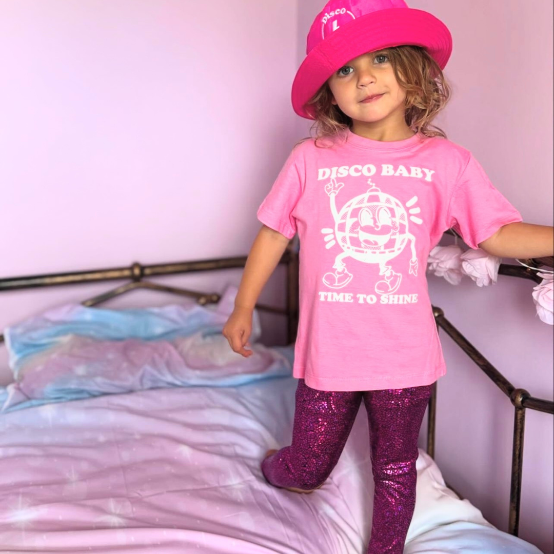 Kids Holographic Pink Leggings | Sparkly Festival & Disco Leggings for Children