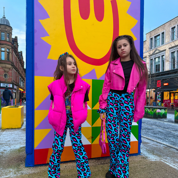 Kids Disco Baby Neon Leopard Flares in Blue / Pink
