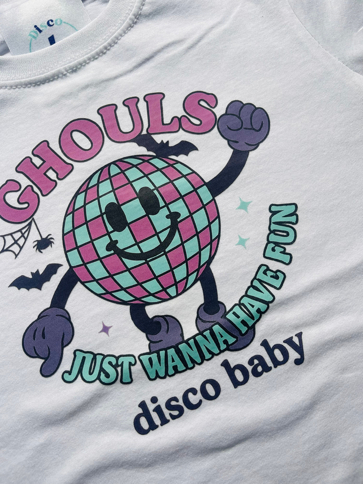 Ghouls Just Wanna Have Fun Kids Halloween T-Shirt – Retro 80s Neon Ghosts & Disco Ball Graphic Tee | Unisex | Disco Baby
