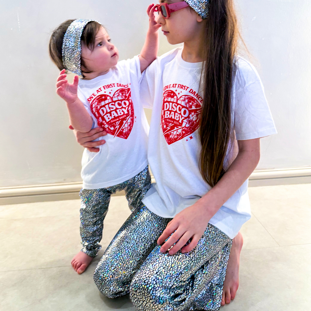 Holographic Sparkly Silver Disco Flares / Leggings / Jazz Pants / Dancewear / Festivalwear / Partywear / Childrenswear / Bellbottoms