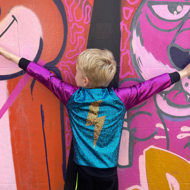 Kids Holographic Disco Lightning Bomber Jacket - Gold, Purple & Turquoise | Sparkle Festival & Party Jacket