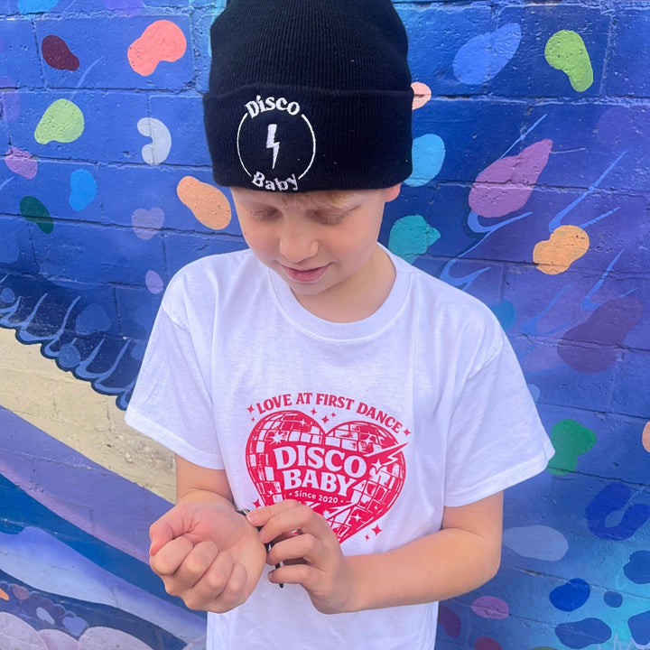 Love At First Dance Kids Disco T-Shirt – Retro Disco Baby Heart Graphic Tee