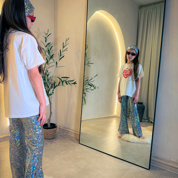 Holographic Sparkly Silver Disco Flares / Leggings / Jazz Pants / Dancewear / Festivalwear / Partywear / Childrenswear / Bellbottoms