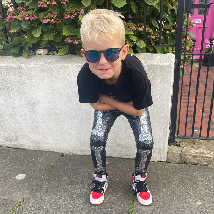 Skeleton Halloween Leggings | Kids / Childrens Holographic Black and Silver Sparkly Disco Leggings