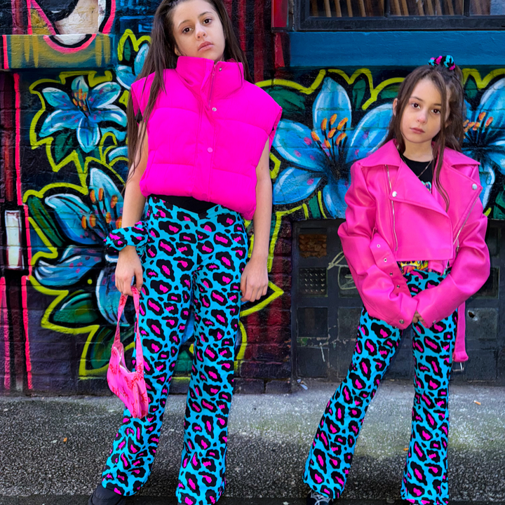 Kids Disco Baby Neon Leopard Flares in Blue / Pink