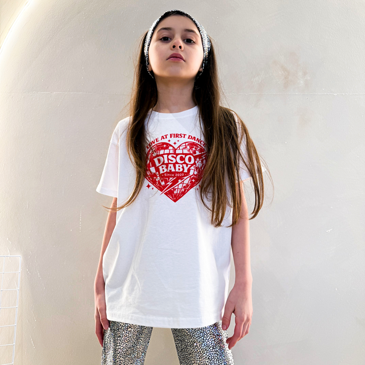 Love At First Dance Kids Disco T-Shirt – Retro Disco Baby Heart Graphic Tee