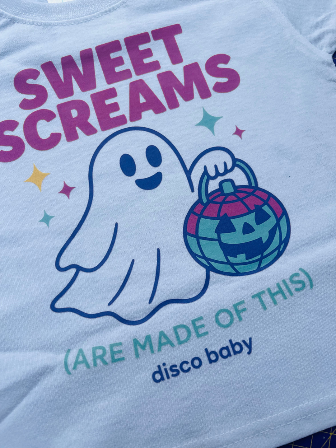 Sweet Screams Kids Halloween T-Shirt – Retro 80s Neon Disco Ball Graphic Tee | Unisex | Disco Baby