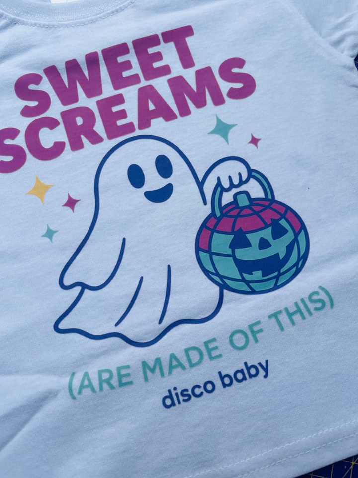 Sweet Screams Kids Halloween T-Shirt – Retro 80s Neon Disco Ball Graphic Tee | Unisex | Disco Baby