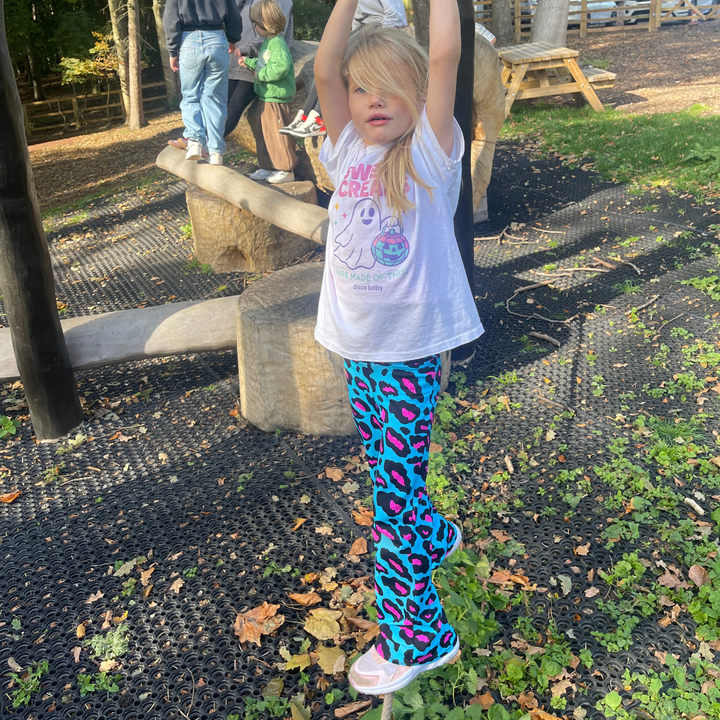 Kids Disco Baby Neon Leopard Flares in Blue / Pink