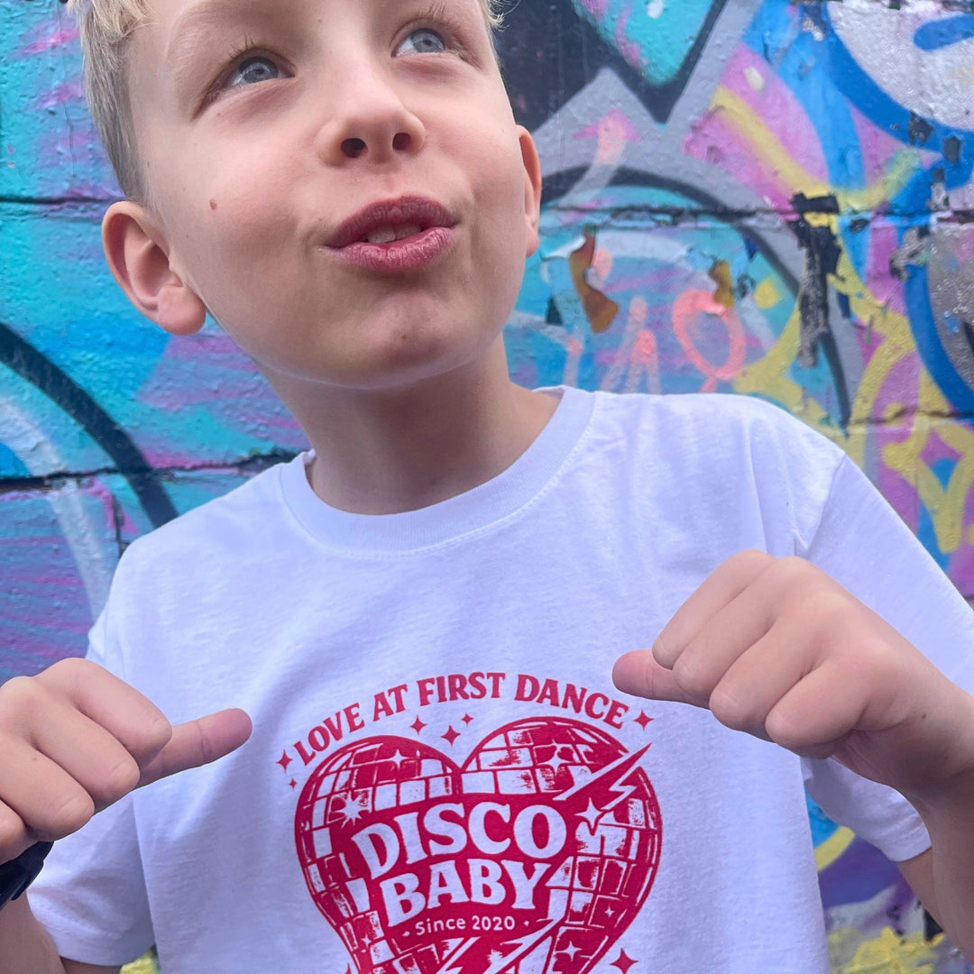 Love At First Dance Kids Disco T-Shirt – Retro Disco Baby Heart Graphic Tee