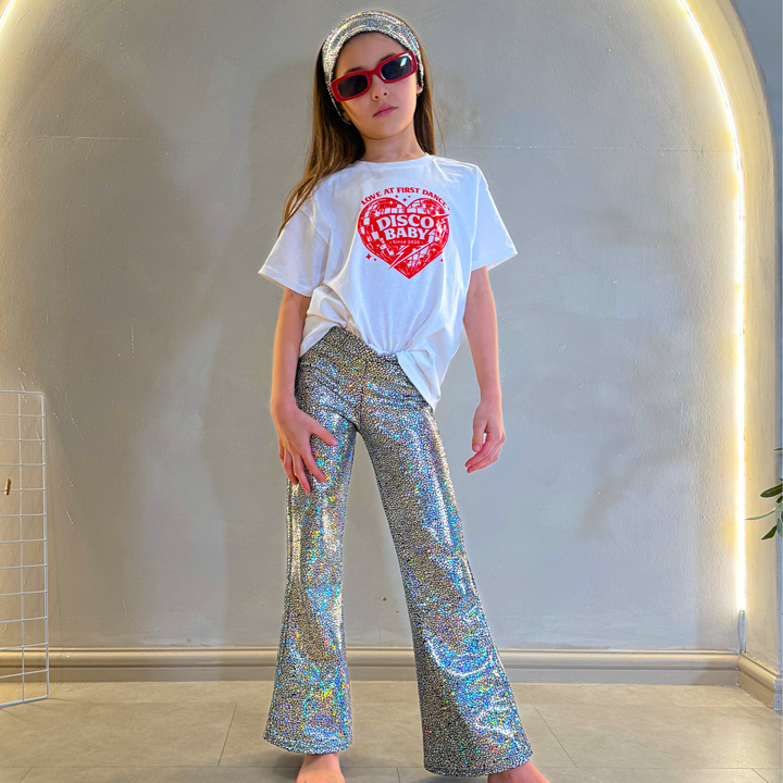 Holographic Sparkly Silver Disco Flares / Leggings / Jazz Pants / Dancewear / Festivalwear / Partywear / Childrenswear / Bellbottoms