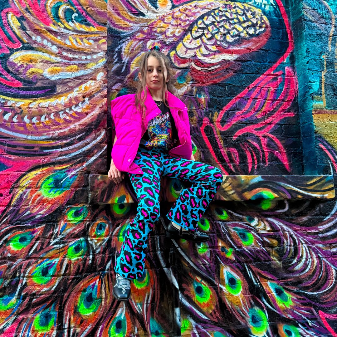 Kids Disco Baby Neon Leopard Flares in Blue / Pink