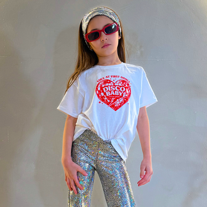 Love At First Dance Kids Disco T-Shirt – Retro Disco Baby Heart Graphic Tee