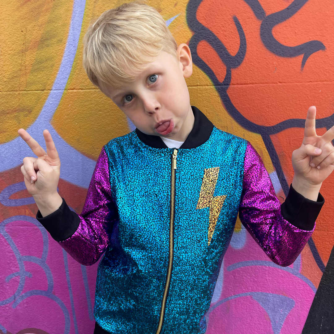 Kids Holographic Disco Lightning Bomber Jacket - Gold, Purple & Turquoise | Sparkle Festival & Party Jacket