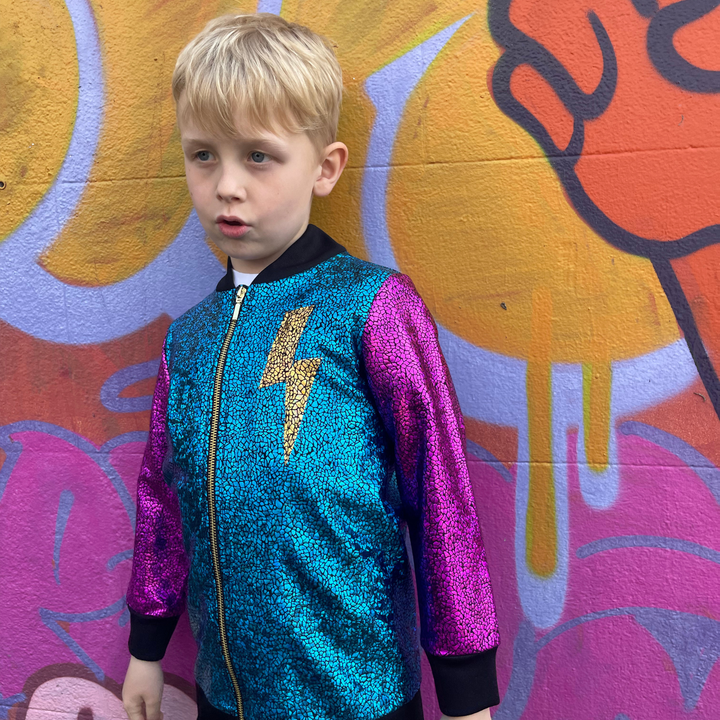 Kids Holographic Disco Lightning Bomber Jacket - Gold, Purple & Turquoise | Sparkle Festival & Party Jacket