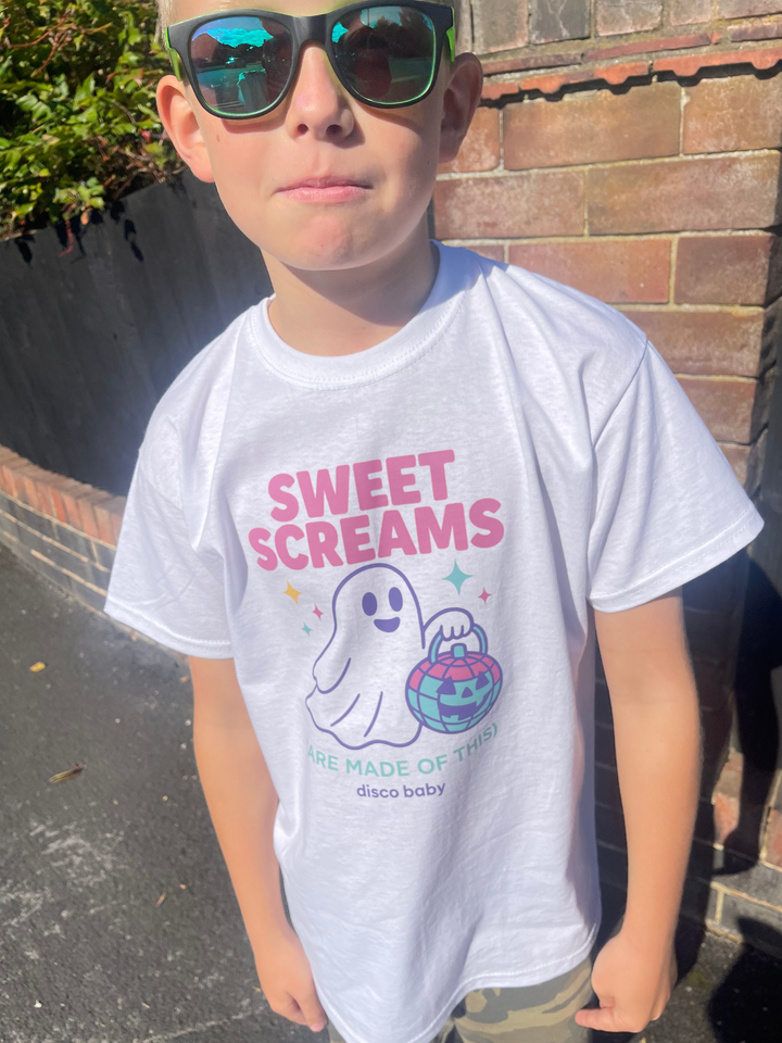 Sweet Screams Kids Halloween T-Shirt – Retro 80s Neon Disco Ball Graphic Tee | Unisex | Disco Baby