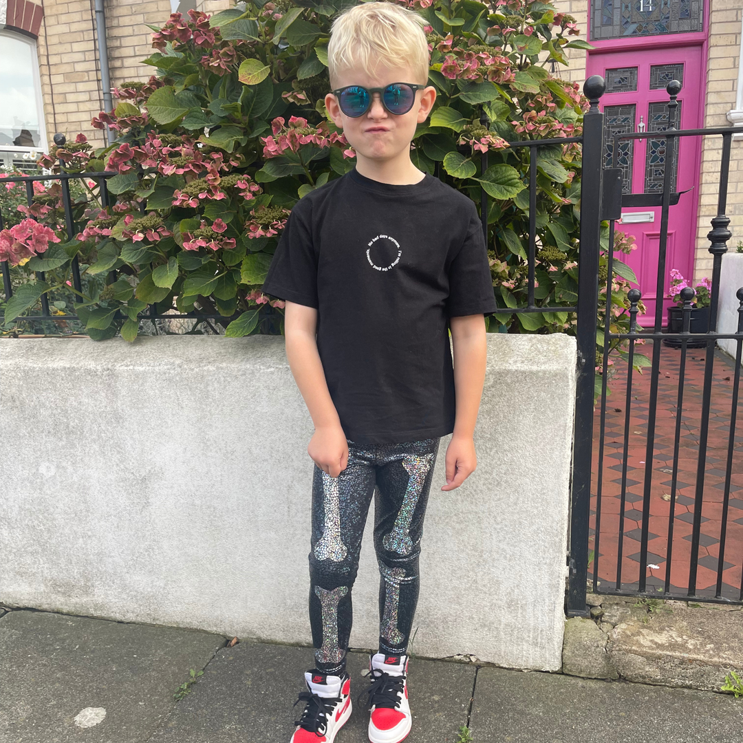 Skeleton Halloween Leggings | Kids / Childrens Holographic Black and Silver Sparkly Disco Leggings