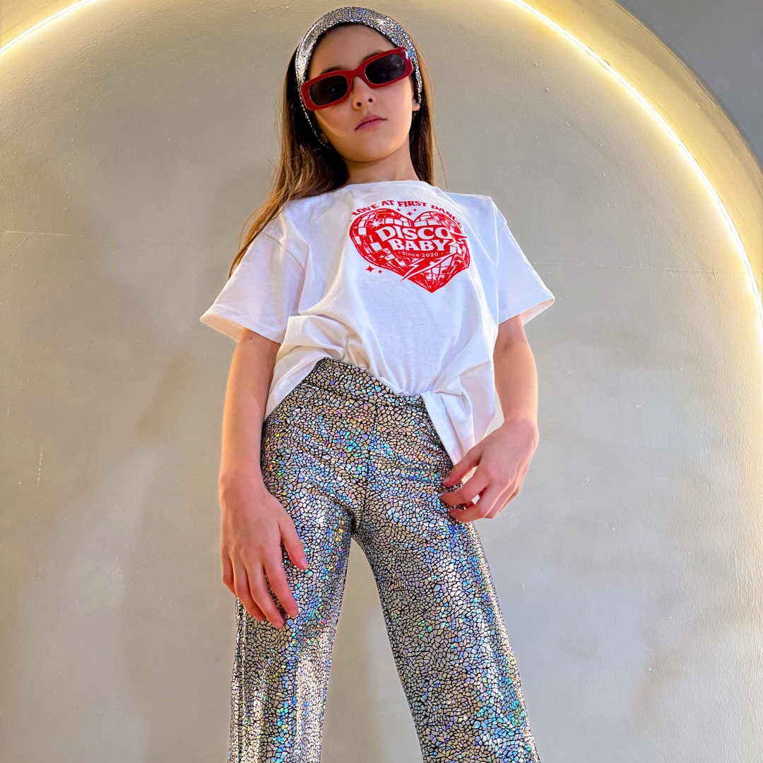 Holographic Sparkly Silver Disco Flares / Leggings / Jazz Pants / Dancewear / Festivalwear / Partywear / Childrenswear / Bellbottoms