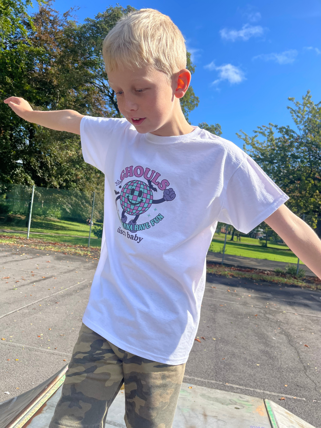 Ghouls Just Wanna Have Fun Kids Halloween T-Shirt – Retro 80s Neon Ghosts & Disco Ball Graphic Tee | Unisex | Disco Baby