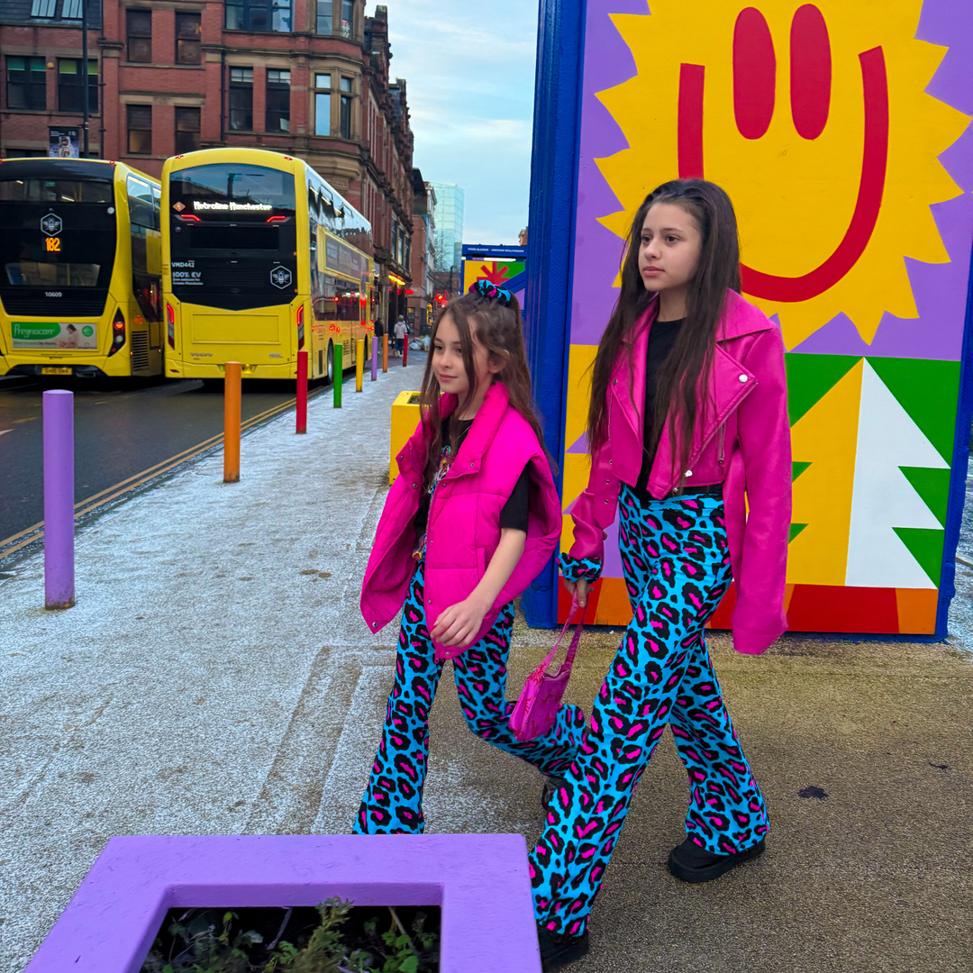 Kids Disco Baby Neon Leopard Flares in Blue / Pink