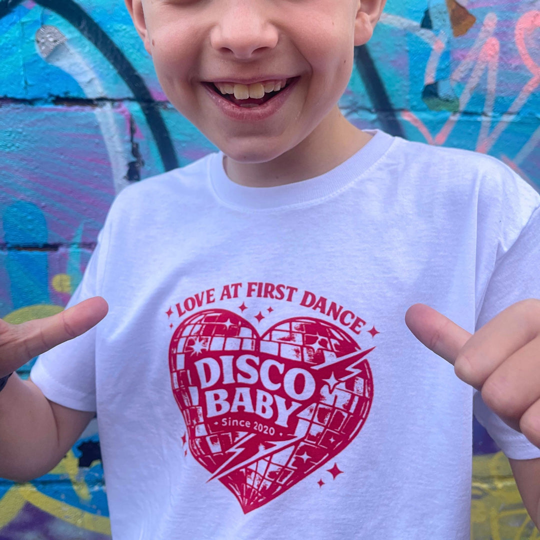 Love At First Dance Kids Disco T-Shirt – Retro Disco Baby Heart Graphic Tee
