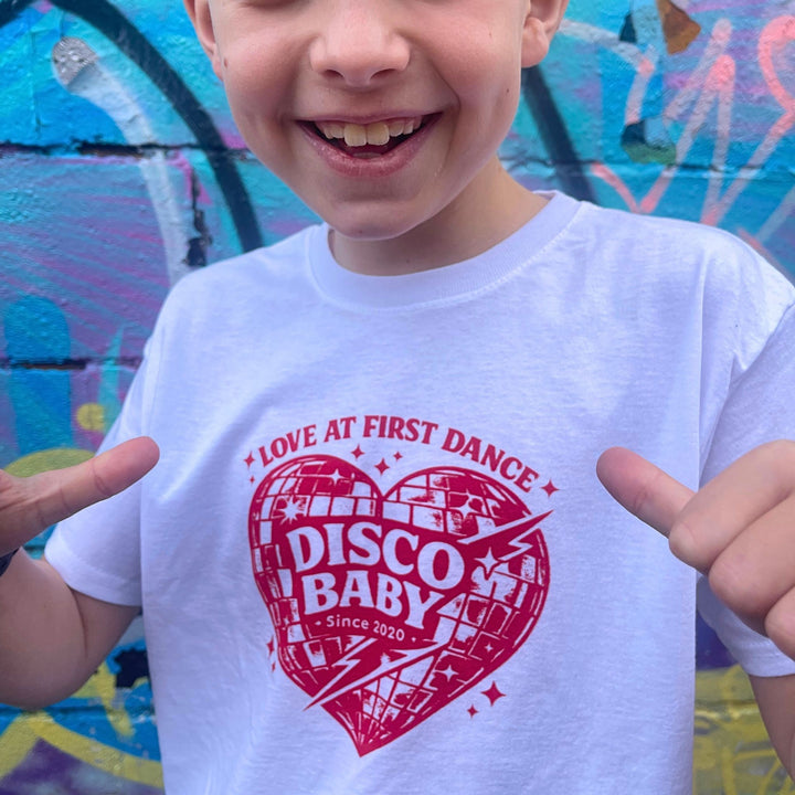 Love At First Dance Kids Disco T-Shirt – Retro Disco Baby Heart Graphic Tee