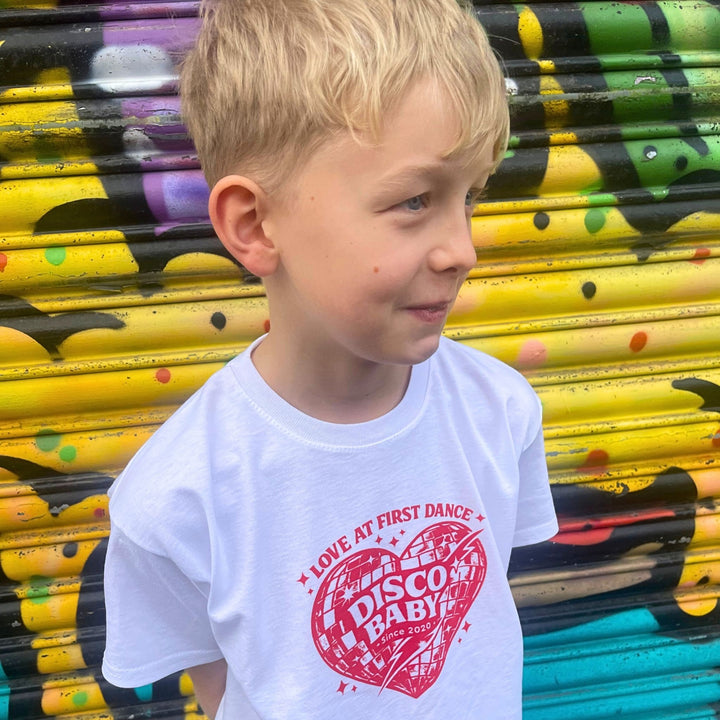 Love At First Dance Kids Disco T-Shirt – Retro Disco Baby Heart Graphic Tee