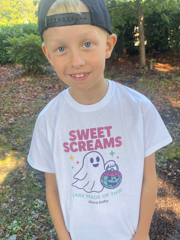 Sweet Screams Kids Halloween T-Shirt – Retro 80s Neon Disco Ball Graphic Tee | Unisex | Disco Baby