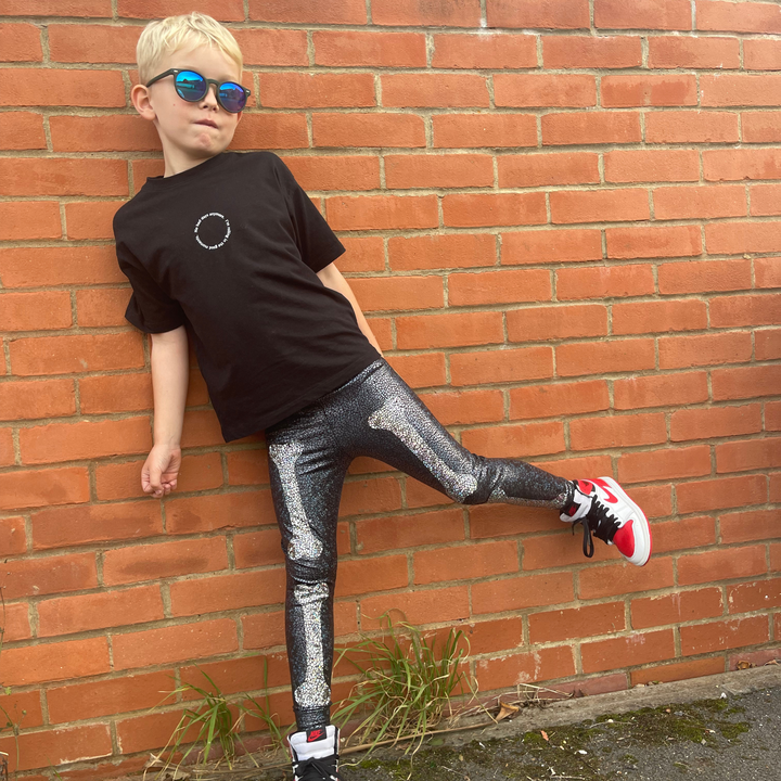 Skeleton Halloween Leggings | Kids / Childrens Holographic Black and Silver Sparkly Disco Leggings