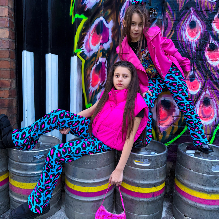 Kids Disco Baby Neon Leopard Flares in Blue / Pink